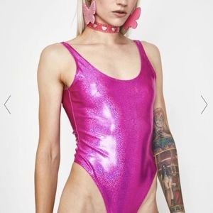 Dolls Kill sexy holographic pink bodysuit